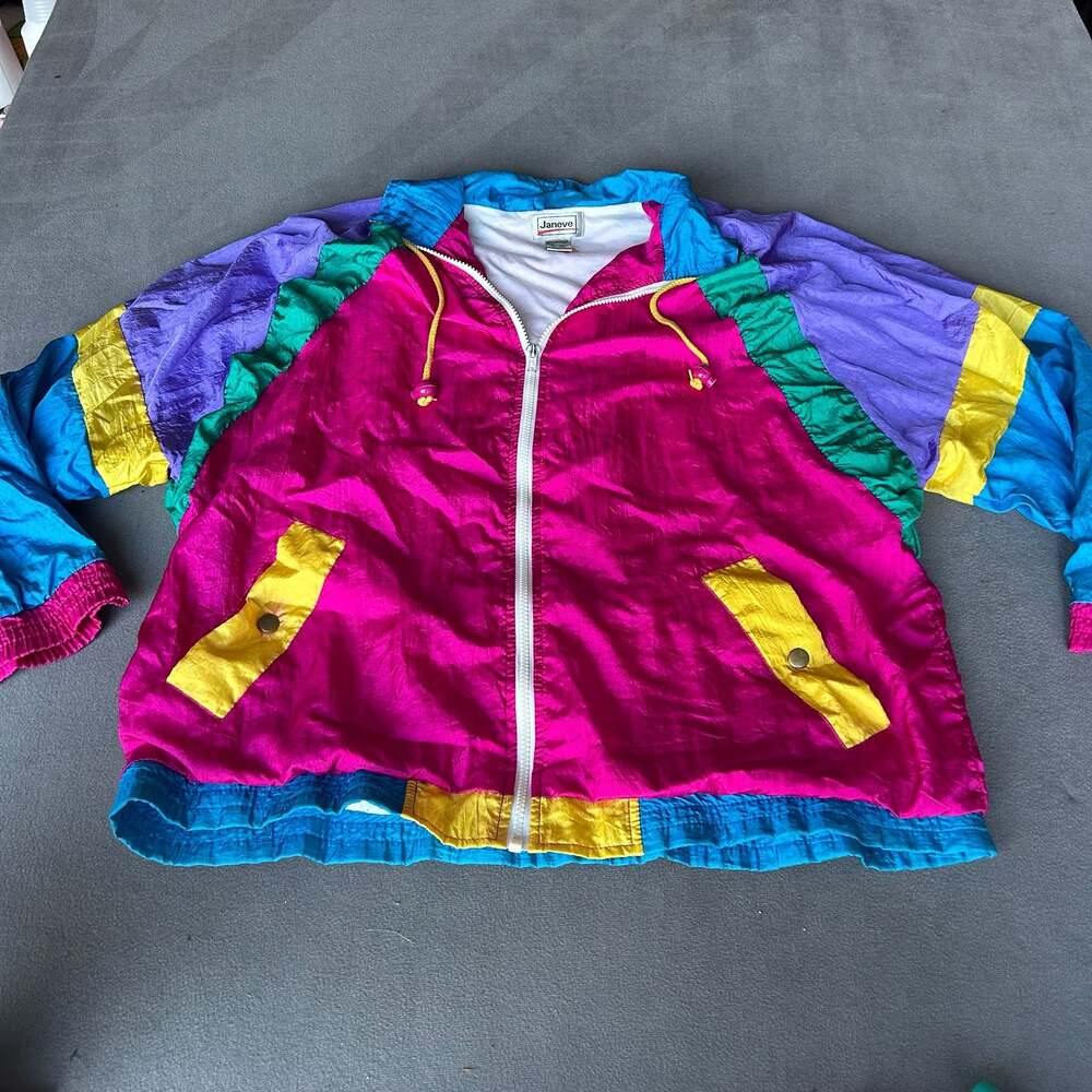 Vintage Janeve 80s 90s Colorblock Neon Windbreaker Jacket Shell Suit Size XL